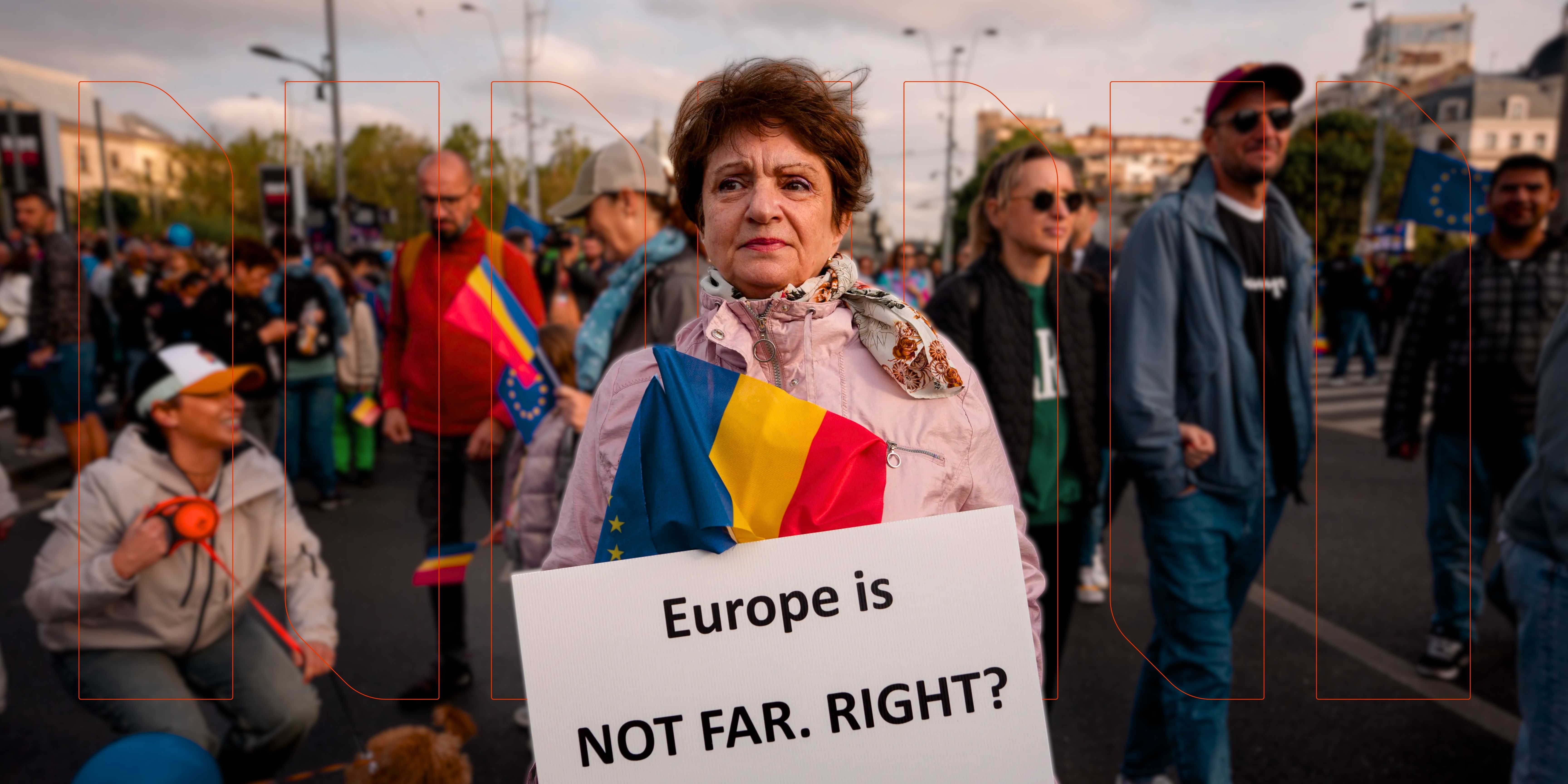 Woman at protest in Romania holds up sign that reads: Europe is NOT FAR. RIGHT?