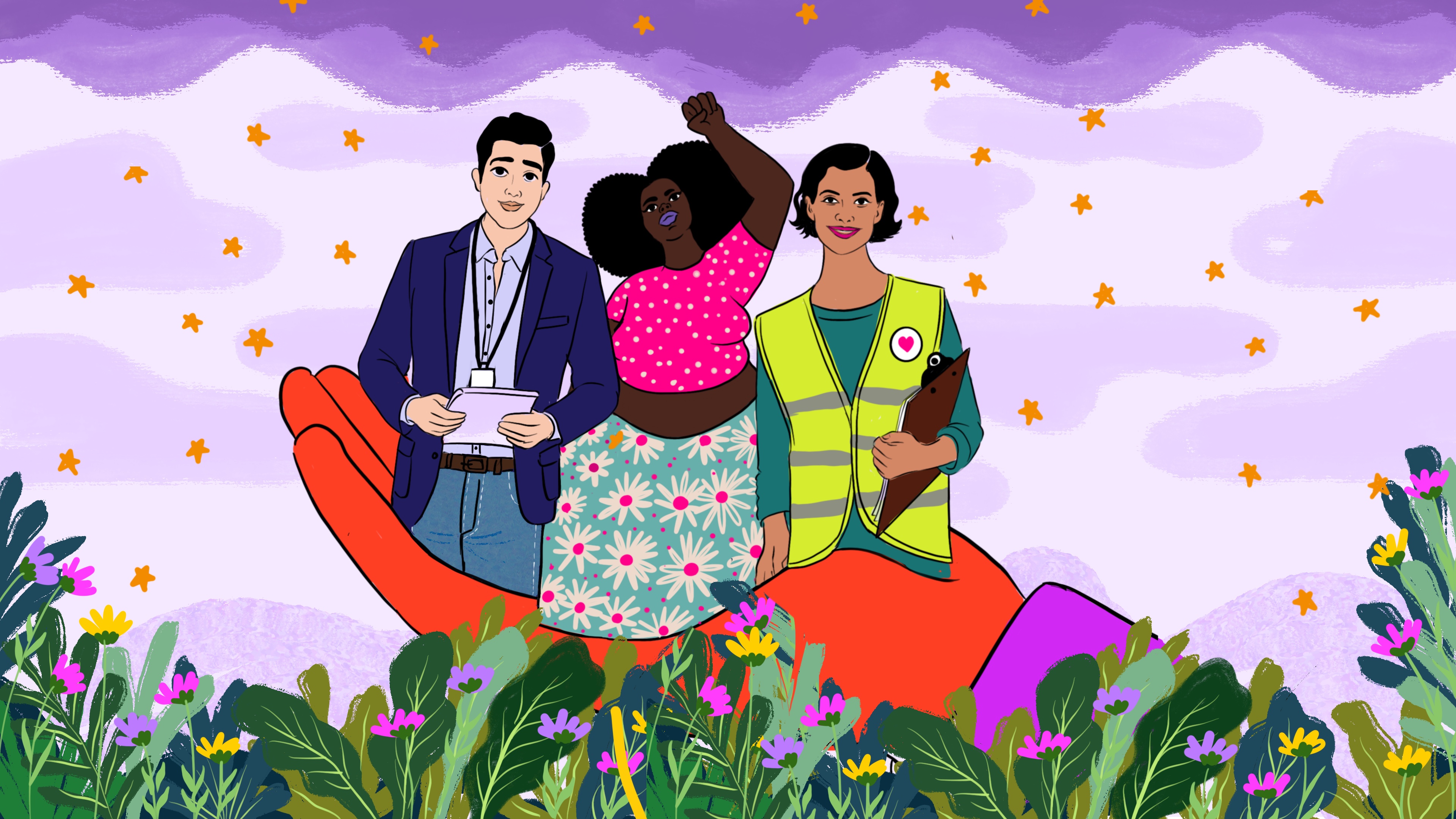 Illustration of 3 civil society actors standing together
