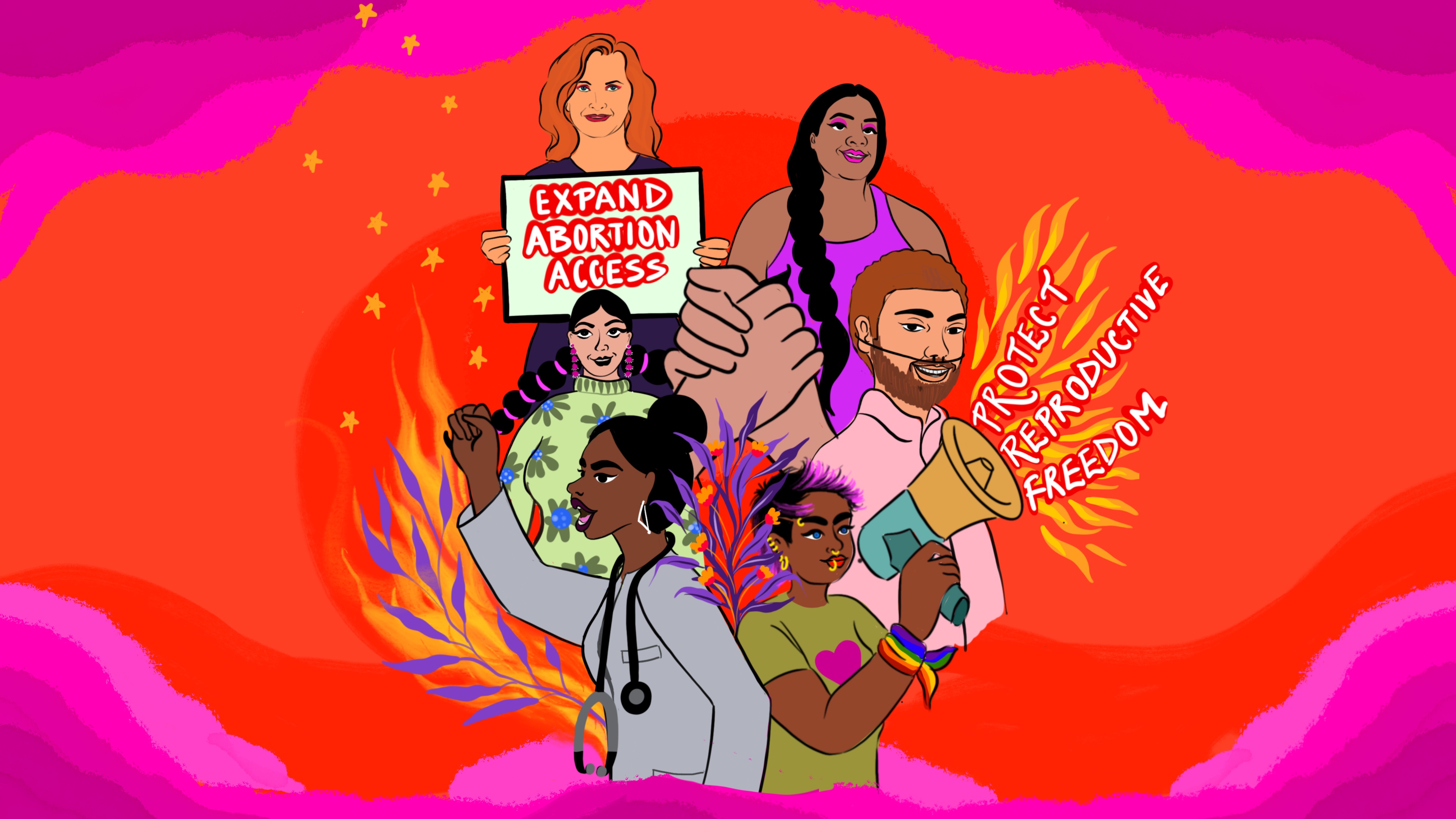 Illustration of activists with slogan "expand abortion access"