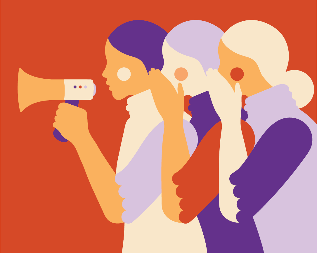 A graphic image of three women standing one behind the other. Each woman is speaking into the ear of the next, and the woman in the front of the row holds a megaphone.