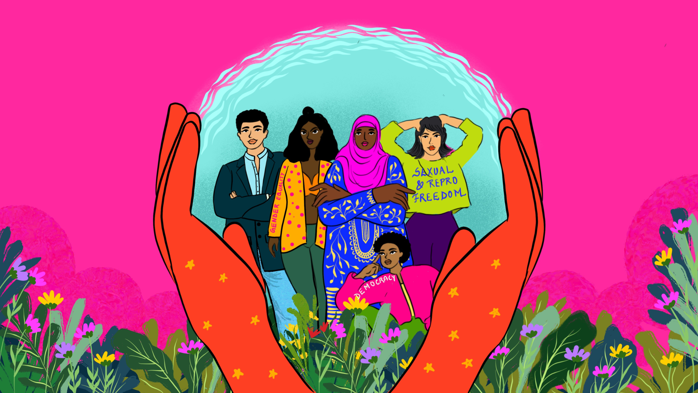 Illustration showing people standing for equality, freedom, democracy