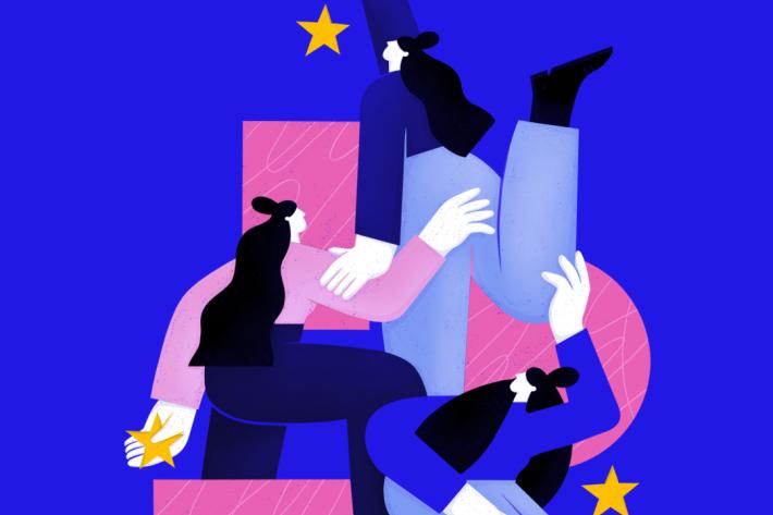Illustration of women building with EU stars