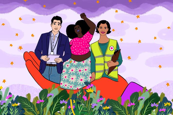 Illustration of 3 civil society actors standing together