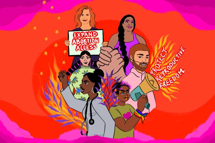 Illustration of activists with slogan "expand abortion access"