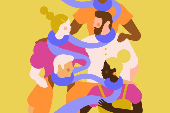 Five people of different genders and races wearing colourful clothing are connected by a blue scarf. The ends of the scarf resemble hands.
