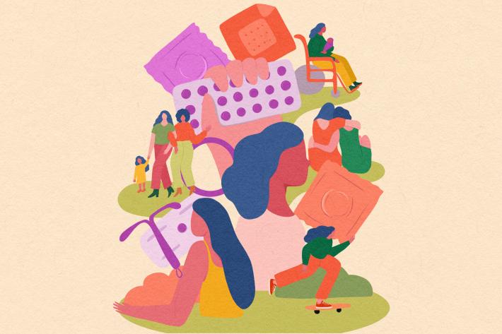 An illustration of women, children and various contraceptive methods.