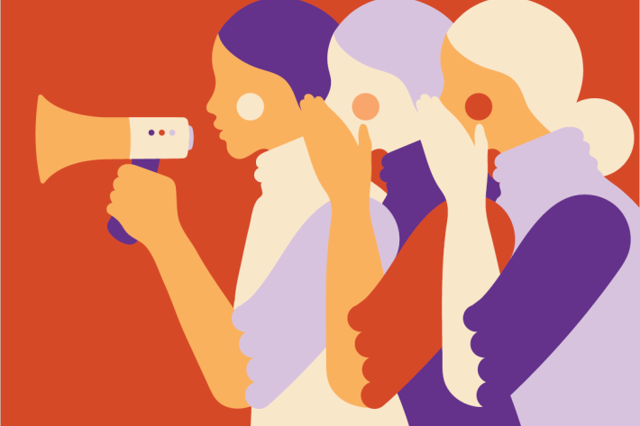A graphic image of three women standing one behind the other. Each woman is speaking into the ear of the next, and the woman in the front of the row holds a megaphone.
