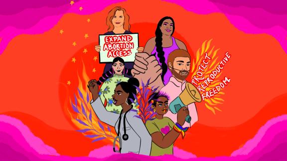 Illustration of activists with slogan "expand abortion access"