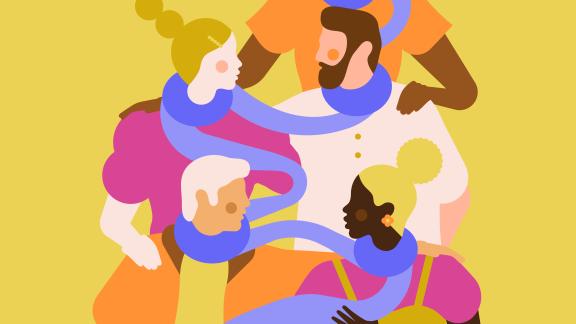 Five people of different genders and races wearing colourful clothing are connected by a blue scarf. The ends of the scarf resemble hands.