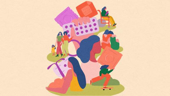 An illustration of women, children and various contraceptive methods.