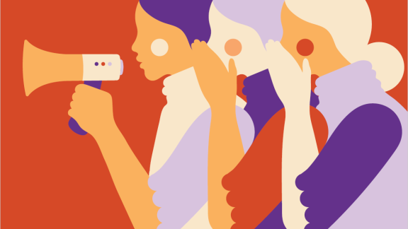 A graphic image of three women standing one behind the other. Each woman is speaking into the ear of the next, and the woman in the front of the row holds a megaphone.